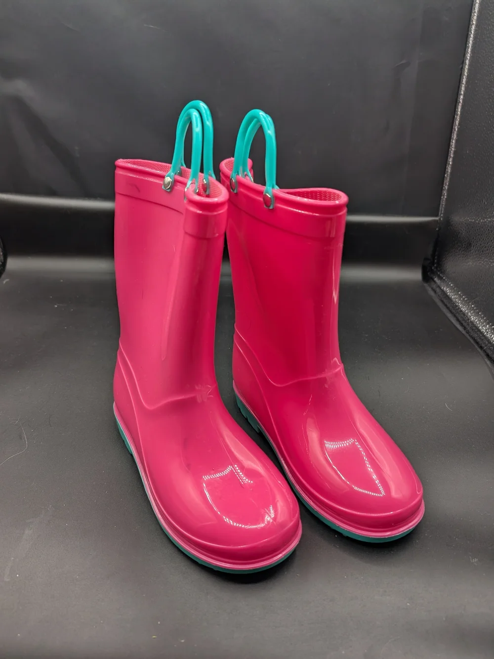 Kids Pink Rain Boots with Teal Handles